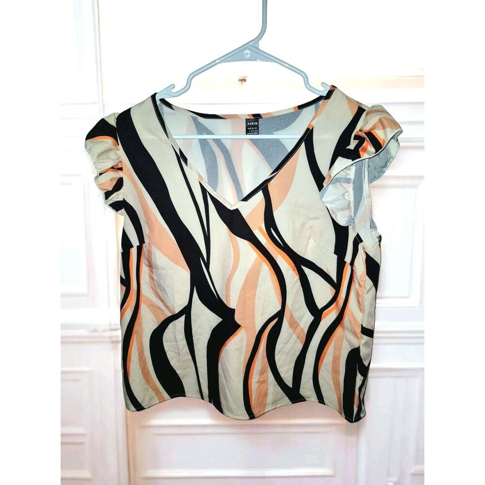 SHEIN Abstract Ruffle Sleeve V-Neck Chiffon Blouse M Short Sleeve